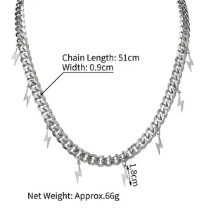 Collier chaîne cubaine en acier poli avec pendentifs éclair, longueur 51 cm tendance