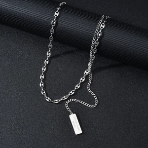 Retro stainless steel coffee bean link necklace with a vertical brand engraved tag