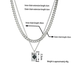Silver layered titanium necklace with spade pendant and heavy cuban link chain