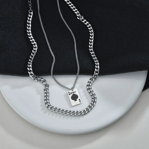 Double layered silver stainless steel necklace with Ace of Spades square pendant