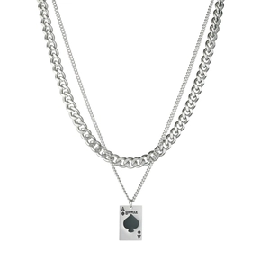 Double-layer stainless steel necklace featuring spade ace pendant and cuban link chain