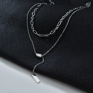 Silver double layer titanium steel necklace with heart bead and rectangular pendant