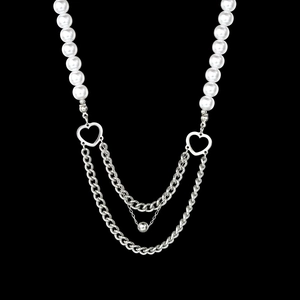 Collier En Acier Inoxydable Épissé De Künstliche Perles D'imitation Pendentif Double Cœur Superposé Chaîne De Clavicule Pour Femmes