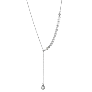 Minimalist Y-shaped wheat ear necklace with grey pearls on white background