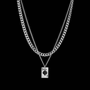 Stainless Steel Double Layer Necklace With Ace Of Spades Poker Card Rectangular Pendant Cuban Link Chain Hip Hop Jewelry