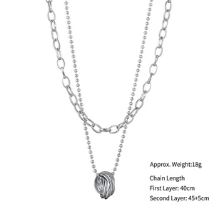 Hip hop style double layer titanium steel necklace with ball pendant for men and women