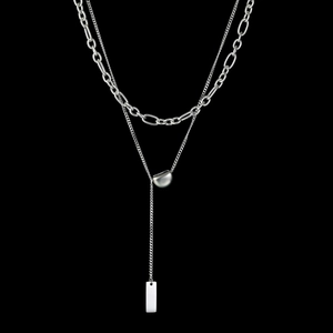 Double Layer Stainless Steel Necklace For Women Minimalist Stacking Y Chain With Geometric Rectangular Plaque Pendant