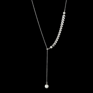 Women Y-Shape Lariat Necklace Stainless Steel Wheat Spike Leaf Design Imitation Artificial Pearl Korean Style Minimalist Clavicle Chain