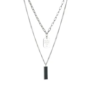 Double-layered titanium steel necklace with square silver tag and black bar pendant
