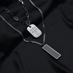 Double-layered titanium steel necklace set with military tag and black rectangle pendant