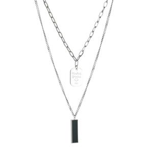 Double-layer titanium steel necklace with square pendant and black enamel charm