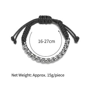 Bracelet tressé punk unisexe avec chaîne argentée et cordon réglable 16-27cm