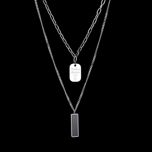 Double Layered Stainless Steel Necklace With Muchas Gracias Engraved Tag And Black Bar Pendant Minimalist Jewelry