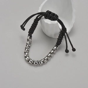 Bracelet unisexe en corde tressée noire avec cordon réglable et perles argentées