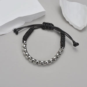 Bracelet tressé unisexe ajustable avec perles carrées en acier inoxydable poli