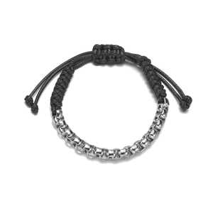 Bracelet cordon noir tressé ajustable avec chaîne à maillons carrés argentés unisexe