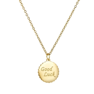 Minimalist gold round coin necklace with wavy edges and Good Luck engraving for women