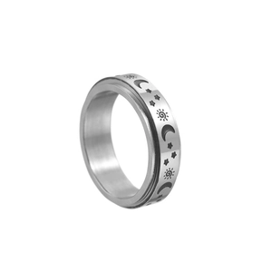 Minimalist titanium steel sun moon star ring with a silver brushed metal finish