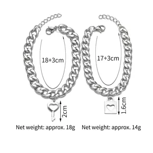 Minimalist stainless steel couple bracelets with heart lock and key charms in silver finish