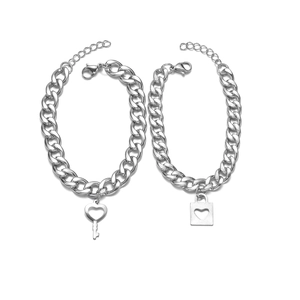 Minimalist stainless steel heart lock and key couple bracelets with Cuban chain design