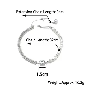 Double-layered titanium necklace with pearls and zircon stone on white background
