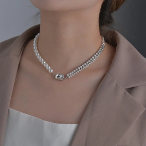Double-layer stainless steel necklace with white pearls and sparkling rectangle zircon stones