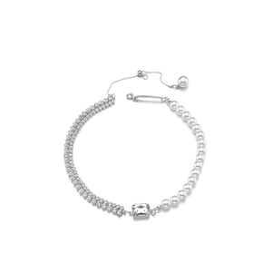 Double-layered zircon and pearl necklace with safety pin clasp and rectangular gemstone