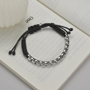 Bracelet Épissé Unisexe Avec Perles Carrées En Acier Inoxydable Et Corde En Nylon Tressé Noir Bijou De Main Punk Hip Hop Réglable