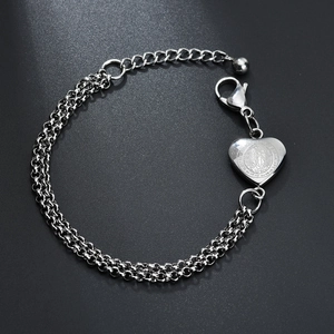 Double-layer stainless steel bracelet with a Virgin Mary heart pendant and lobster clasp