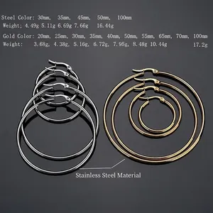 Stainless steel hoop earrings size chart showing various diameters from 20mm to 100mm
