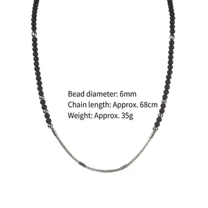 Collier fait main en perles noires mates 6mm et chaîne en acier inoxydable, 68cm long