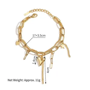 Double-layered gold stainless steel heart and star bracelet with tassel charms