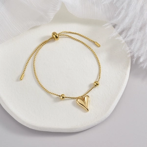 Bracelet Pendentif Cœur Acier Inoxydable Réglable Boucle Coulissante Style Luxe Français Bijoux Dorés Pour Femmes