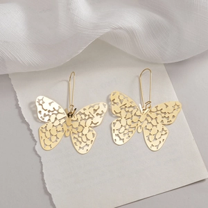 French style hollow butterfly earrings in gold finish with long minimalist ear hooks