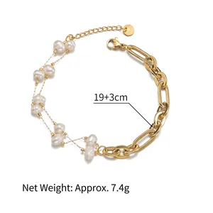 Damenarmband aus 14K vergoldetem Edelstahl mit Perlen und Büroklammerkette