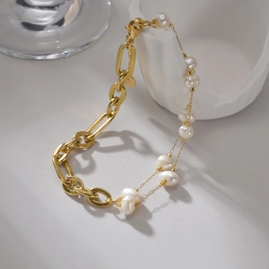 Gespleißtes Künstliche Perlenarmband Edelstahl 14K Vergoldet Zweilagige Büroklammerkette Für Damen Mode Nischenstil Schmuck