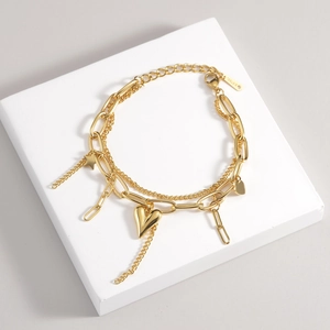 French style double-layer gold stainless steel bracelet with heart and star charms