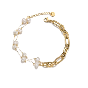 Zweilagiges Armband aus 14K vergoldetem Edelstahl mit weißen Perlen