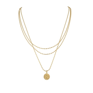 Three-layer gold beaded chain necklace featuring a vintage style angel relief coin pendant