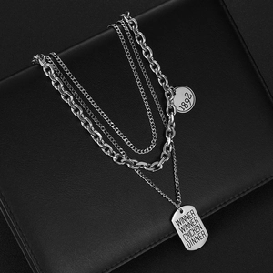 Layered titanium steel hip-hop necklace with silver square tags and engraved pendants