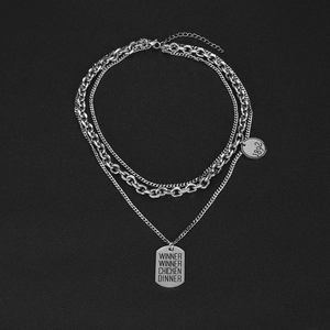 Three-layer titanium steel hip-hop necklace with engraved square and round pendants
