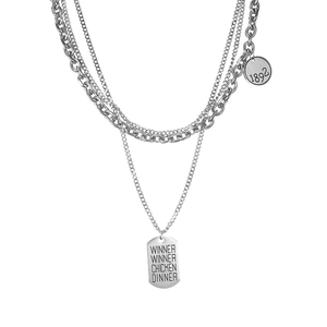 Multi-layer titanium steel necklace with layered chains and engraved square pendant tags