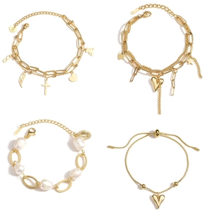 Stainless Steel Layered Heart Bear Cross Pendant Bracelet For Women Gold Plated Double Chain Artificial Pearl Charm Bangle