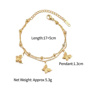 Bracelet double couche en acier inoxydable doré avec trois breloques papillon, 17+5cm