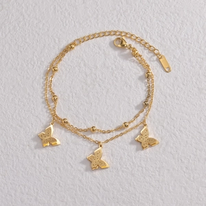 Bracelet double couche en acier titane doré avec pendentifs papillon sablés