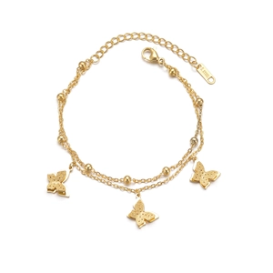 Bracelet double rang en acier inoxydable doré avec trois pendentifs papillon et petites billes