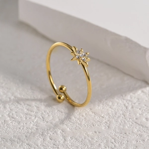 Bague fleur en plaqué or 14K style français avec zircon étoilé et anneau ouvert