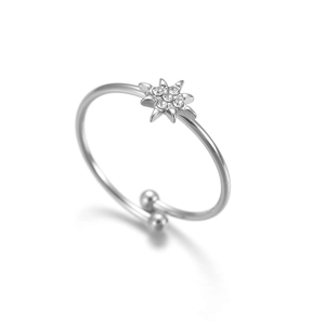 Bague ouverte élégante en acier inoxydable avec étoile scintillante et fleurs en zircon
