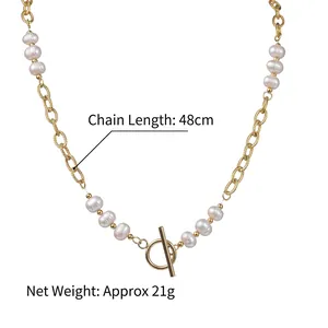 Baroque pearl and 14K gold-plated stainless steel necklace with OT toggle clasp, 48cm