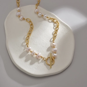French 14K gold plated OT buckle necklace with white pearls and bold chain links